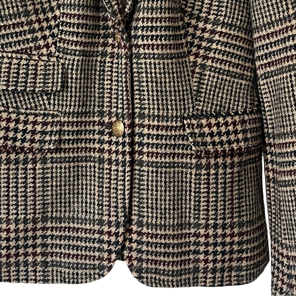 J.Crew Schoolboy Blazer Plaid Wool Brown Tan Gold Buttons Women’s Size 0 - Picture 3 of 10